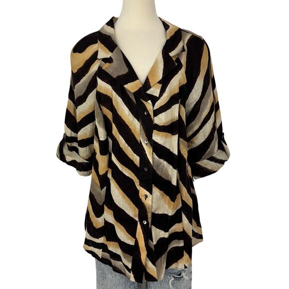 Lafayette 148 Linen Button-Down Shirt Blouse Top Animal Print Zebra Brown/Tan 20 - Picture 1 of 8